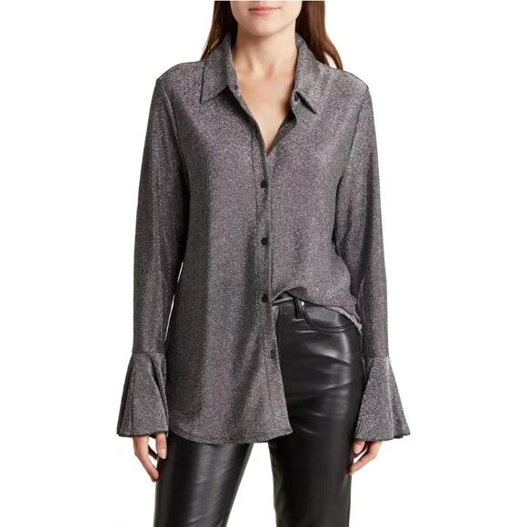 WAYF Metallic Button Up Shirt Long Flare Sleeves Silver Grey Retro Shimmery Sz M - Picture 1 of 10